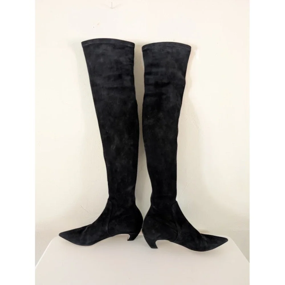 Christian Dior Black Suede Over The Knee Boots Kitten Heel Made In Italy Size 40